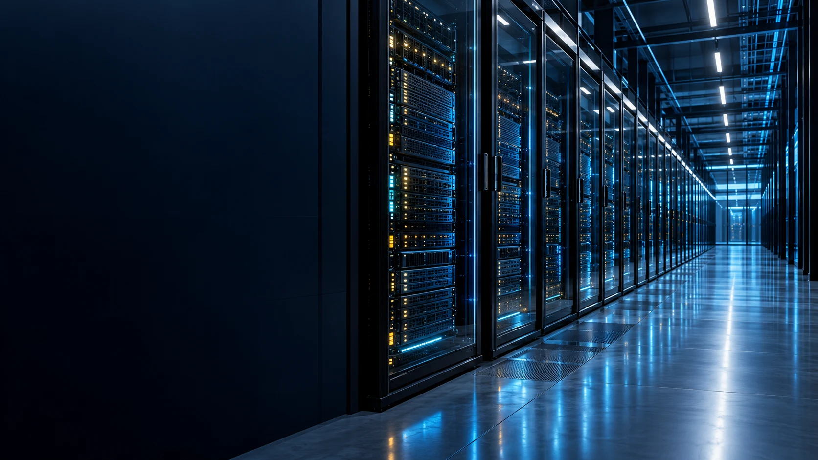 Infrastruktur server dan komputasi cloud dengan perspektif ruang yang mendalam.